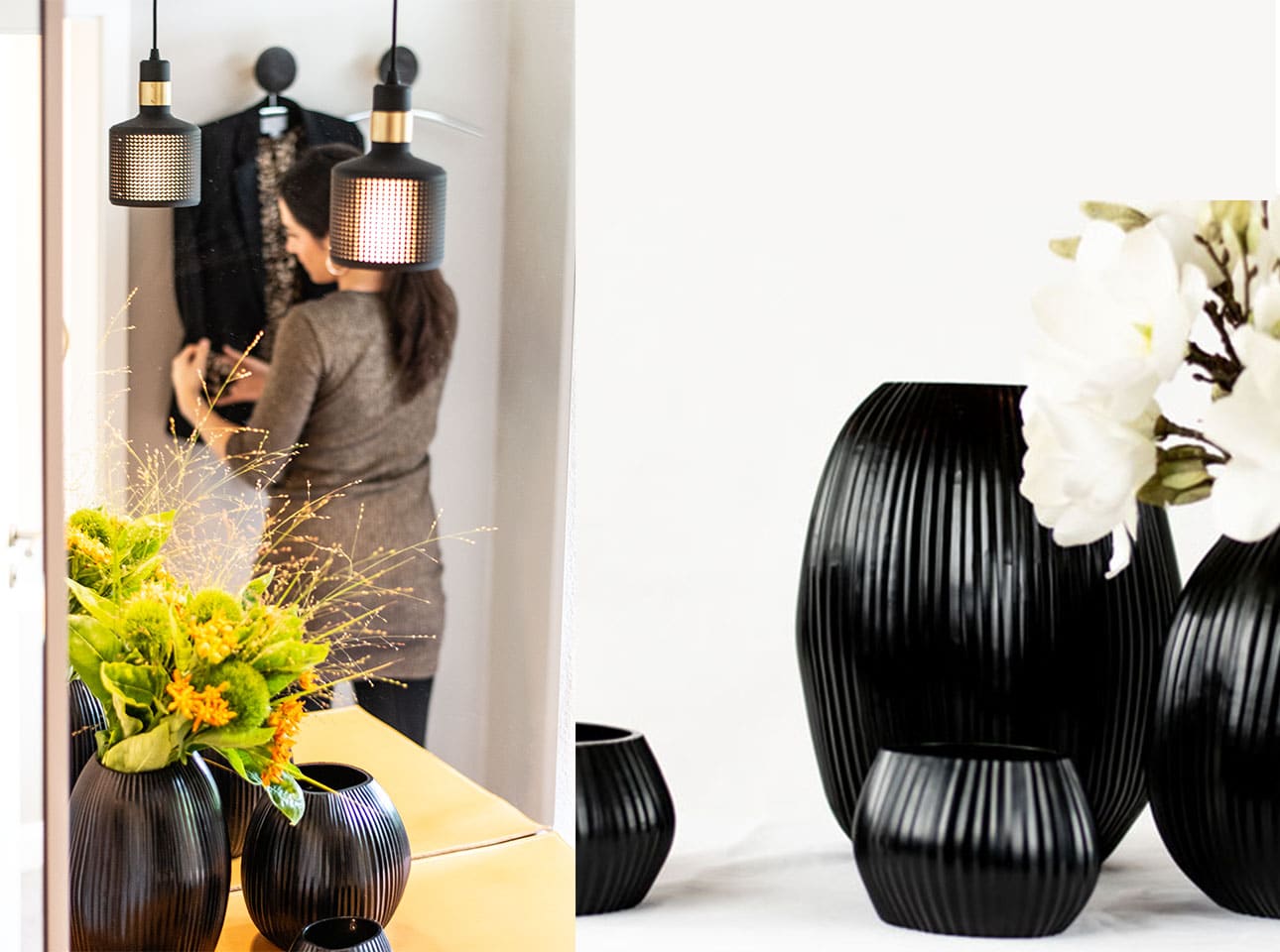 Flur gestalten mit Kissen Decken Leuchten Kerzen Duftkerzen Interior Design Inspiration Blog dunkle Vasen Schwarz
