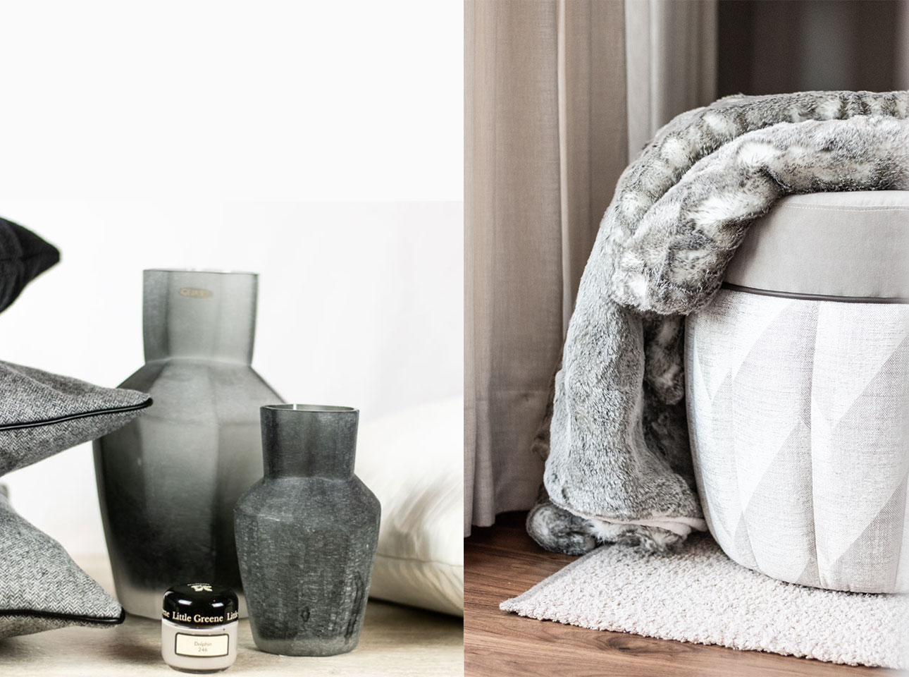 Flur gestalten mit Kissen Decken Leuchten Kerzen Duftkerzen Interior Design Inspiration Blog Vasen graue Decke