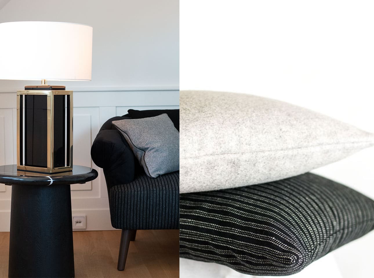 Flur gestalten mit Kissen Decken Leuchten Kerzen Duftkerzen Interior Design Inspiration Blog dunker Beistelltisch