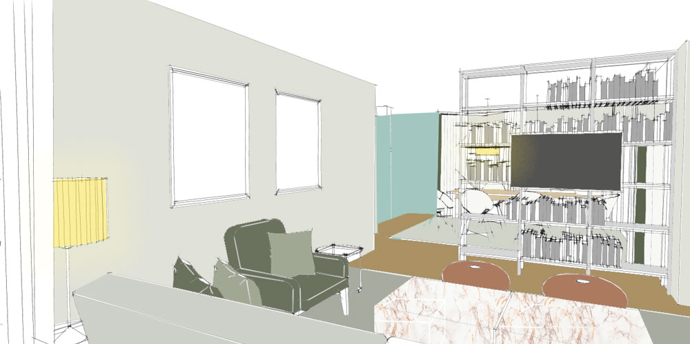 Farbauswahl Kundenprojekt Einrichtungskonzept Interior Design Wohnzimmer Essbereich offenes Wohnkonzept Skizze Plan Grundriss