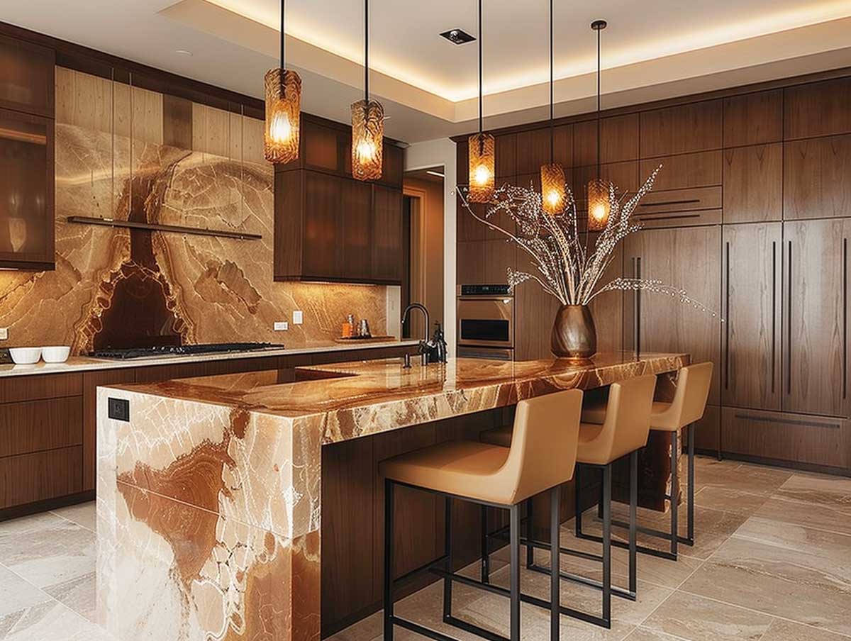 Lux-2 einrichten wohnung luxus küche mit onxy stein insel leder hocker