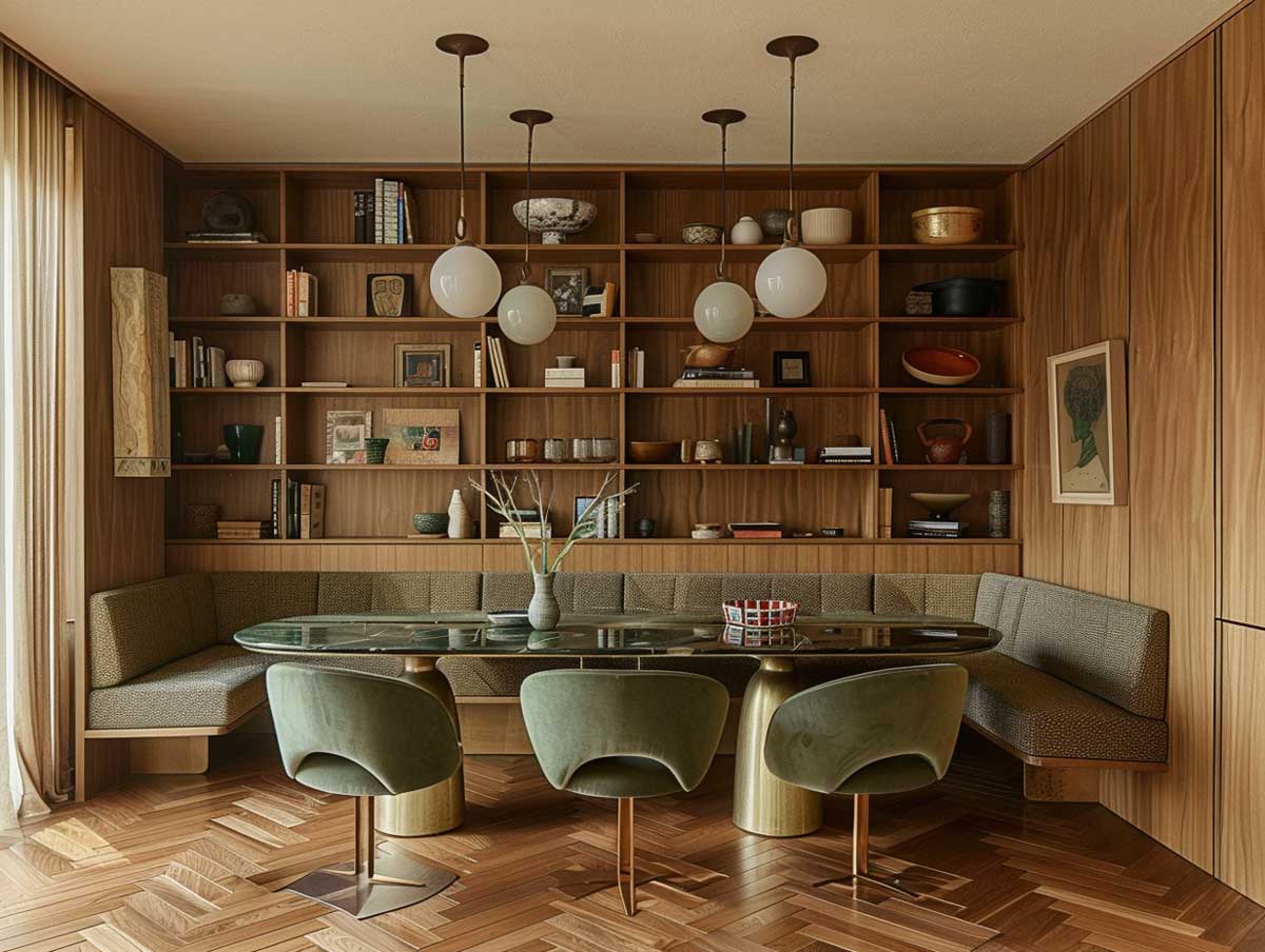 Midcentury- einrichten wohnung midcentury stil Esszimmer nussbau samt stühle grün