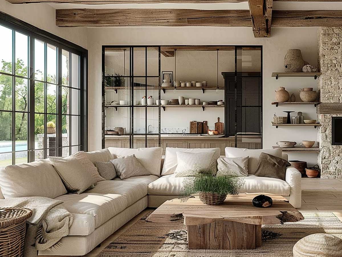 landhaus wohnzimmer lofttür couch beige holztisch sprossenfenster