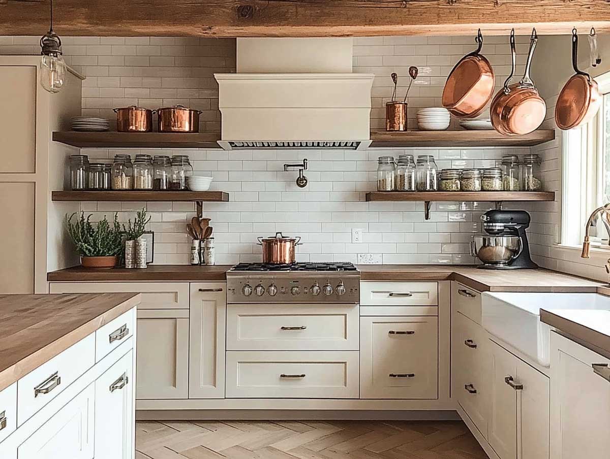 landhaus küche beige kupfer regale