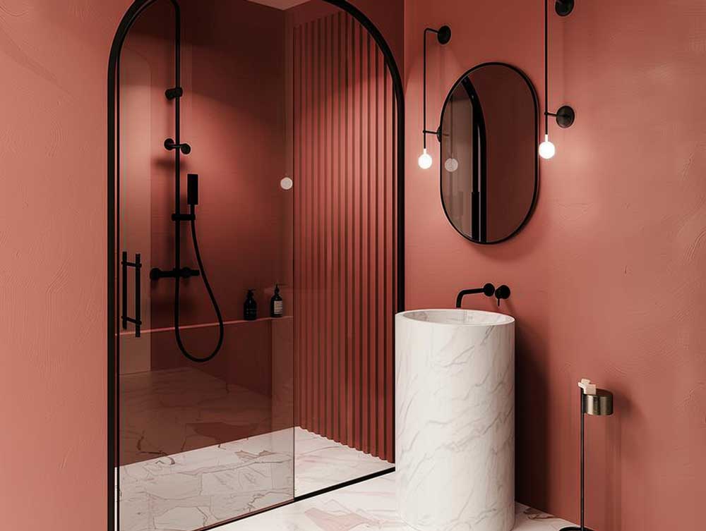Bogen-6 Badezimmer Ideen blushfarbe schwarze armaturen