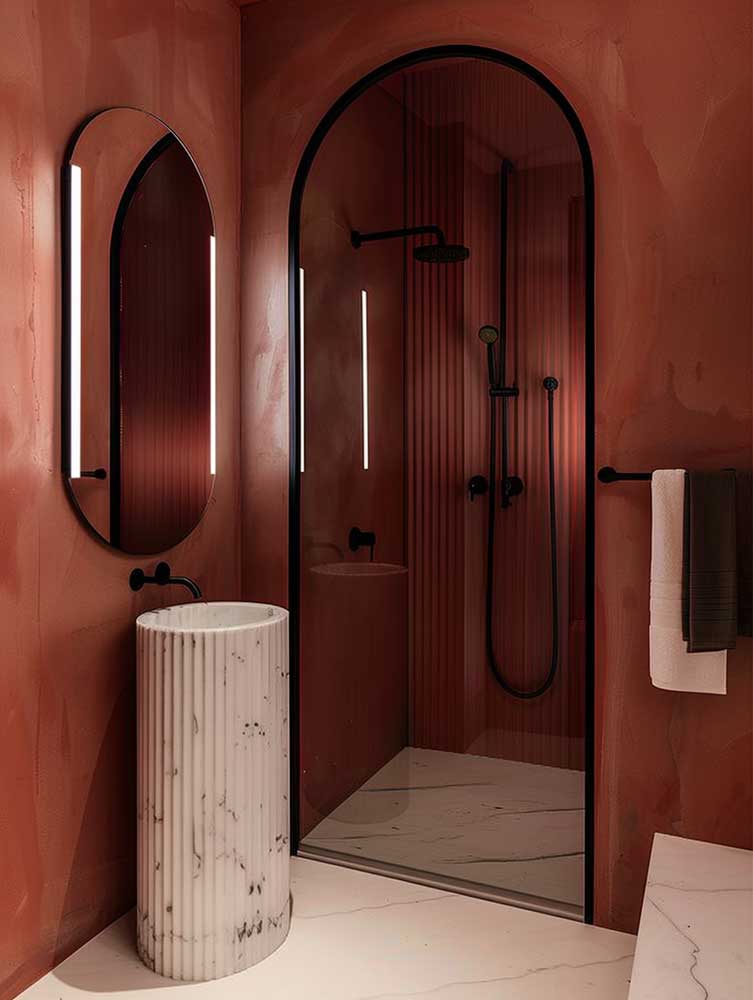 Fugenlos-3 Badezimmer Ideen rote wände marmor standbecken