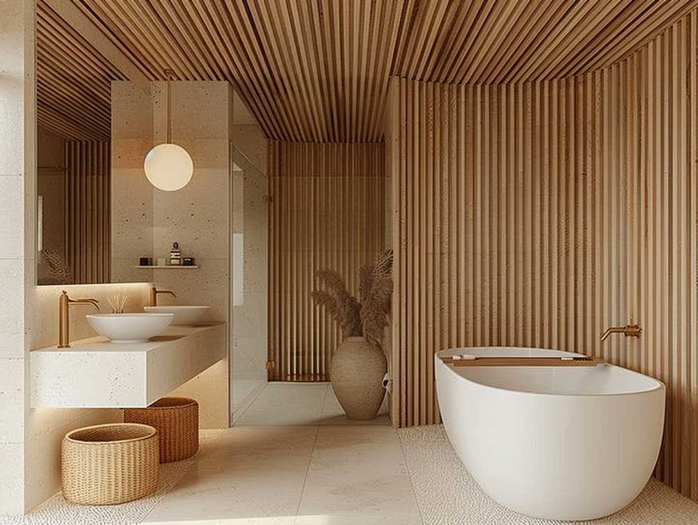 Holz-2 Badezimmer Ideen Holzfliesen Lamellen Sandstein