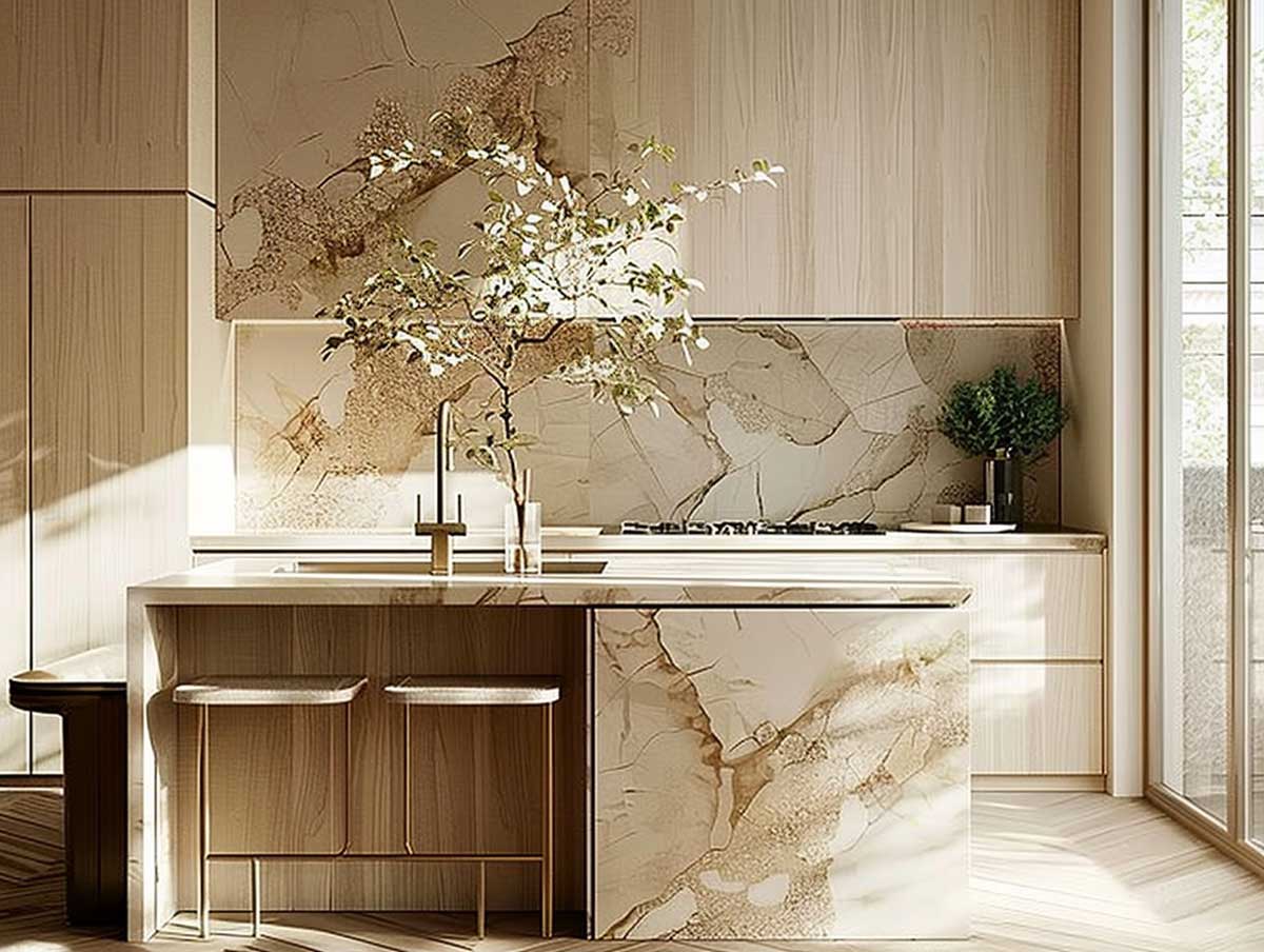 Hausbau Küche holz und hellem marmor