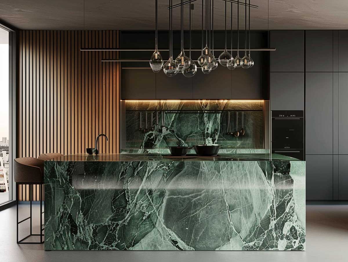 Hausbau Küche dunkel marmor