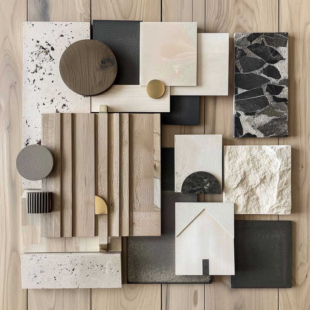 Material-Moodboard mit Holz, Stein und Metalloberflächen – harmonische Farb- und Materialkomposition für moderne Hausbau Inneneinrichtung im natürlichen Stil.