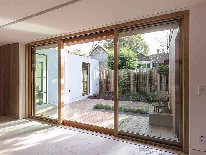 Moderne Hebe-Schiebetür aus Holz mit Glasfront zum Patio – funktionale und ästhetische Lösung für hochwertige Hausbau Inneneinrichtung.