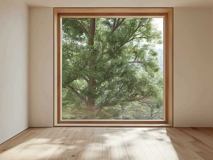 Heller Raum mit bodentiefem Holzfenster und Blick ins Grüne – puristische Hausbau Inneneinrichtung mit Fokus auf Licht und Natur.