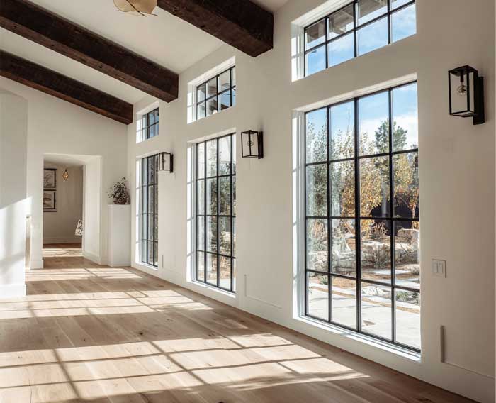 Lichtdurchfluteter Flur mit hohen Sprossenfenstern und sichtbaren Holzbalken – elegante Hausbau Inneneinrichtung im modernen Farmhouse-Stil.