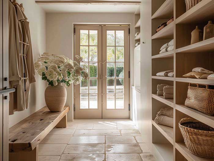 Rustikaler Eingangsbereich mit Steinfliesen, Holzbank und offener Ablage – charmante Hausbau Inneneinrichtung im modernen Landhausstil.