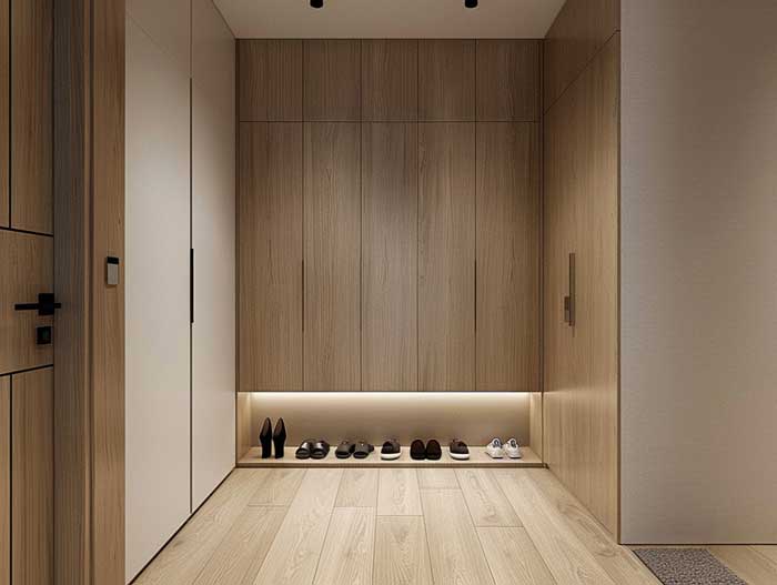 Flur mit raumhohen Holzschränken und integrierter Beleuchtung – reduziertes Design für funktionale Hausbau Inneneinrichtung.