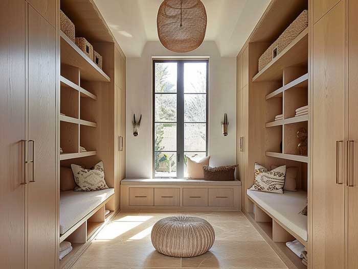 Organisierter Mudroom mit Einbauschränken, Sitzbank und Korbdetails – praktische und stilvolle Hausbau Inneneinrichtung im natürlichen Look.