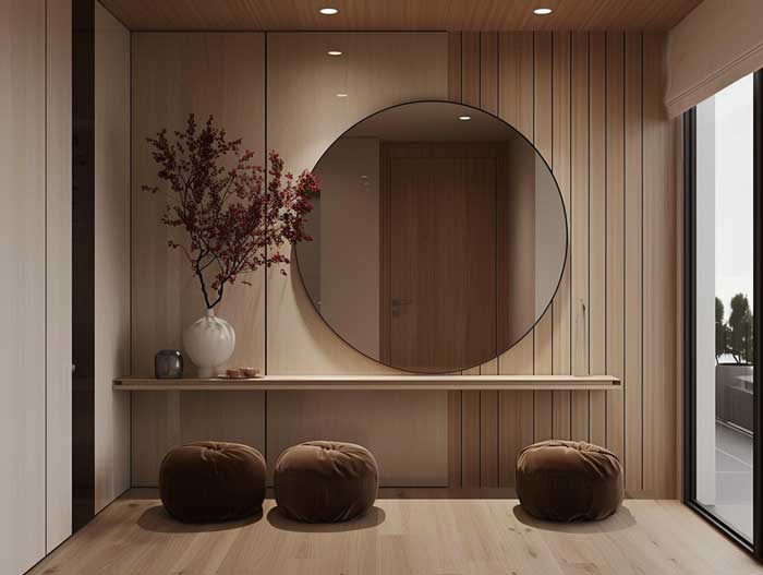Schlichter Flur mit Holzpaneelen, großem Spiegel und Deko-Elementen – ruhige Hausbau Inneneinrichtung im Japandi-Stil.