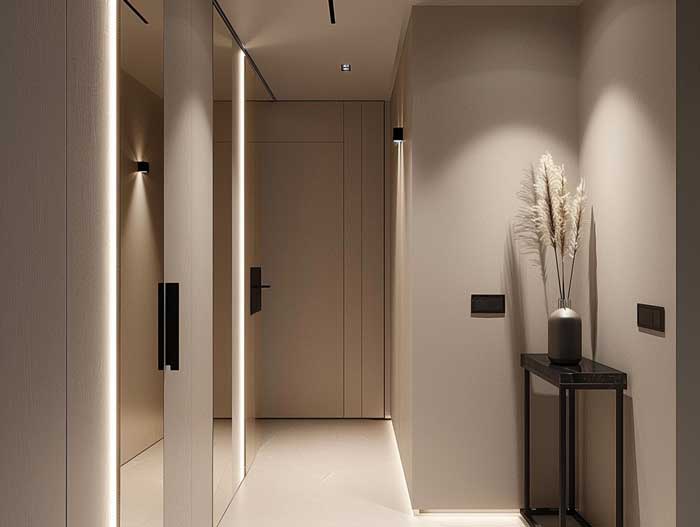 Schmaler Eingangsbereich mit Spiegelfront und stimmungsvoller Beleuchtung – elegante Hausbau Inneneinrichtung mit Tiefenwirkung.