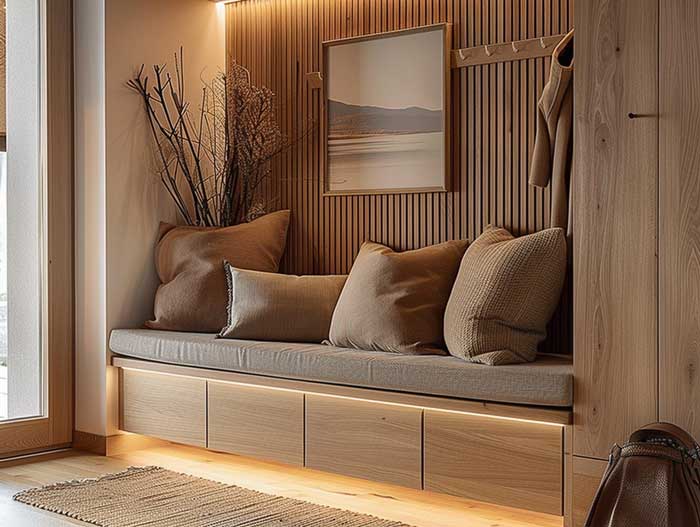 Gemütliche Sitznische mit Holzlamellenwand und indirektem Licht – modernes Design für wohnliche Hausbau Inneneinrichtung.