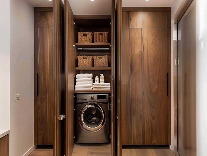 Versteckter Hauswirtschaftsbereich mit Waschmaschine im Schrank – clevere Lösung für moderne Hausbau Inneneinrichtung.