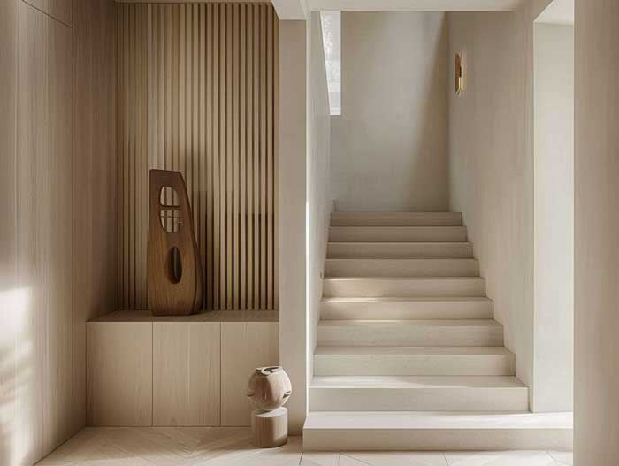 Schlichtes, helles Treppenhaus mit Holzverkleidung und Skulpturen – ruhige und ausgewogene Hausbau Inneneinrichtung im modernen Stil.