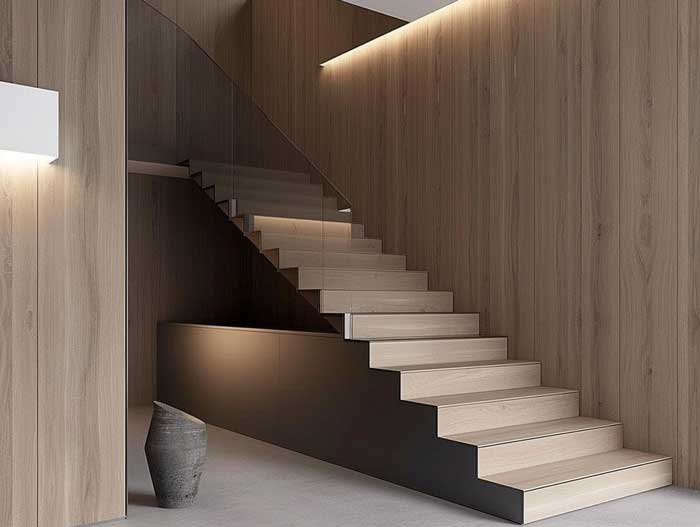 Zeitlose Holztreppe mit Glasgeländer und Wandverkleidung – minimalistisches Beispiel für elegante Hausbau Inneneinrichtung.