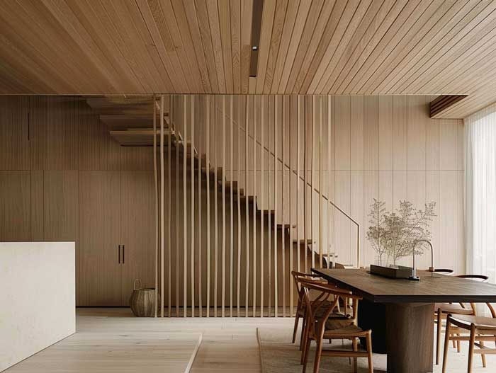 Japandi-inspirierte Holztreppe mit vertikalen Lamellen und integrierter Wandverkleidung – moderne Hausbau Inneneinrichtung mit natürlicher Wärme.