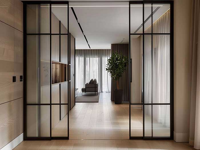 Schwarze Loft-Glastüren mit feinen Profilen – modernes Designelement für offene Hausbau Inneneinrichtung mit Lichtdurchfluss.