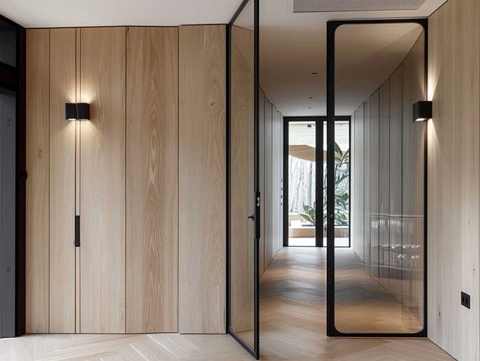 Flur mit Holzpaneelen und rahmenloser Glastür – minimalistische Hausbau Inneneinrichtung mit warmem Materialmix.