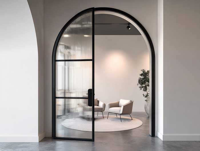 Moderne Glastür im Bogenrahmen mit schwarzen Profilen – stilvolles Designelement für zeitgenössische Hausbau Inneneinrichtung.