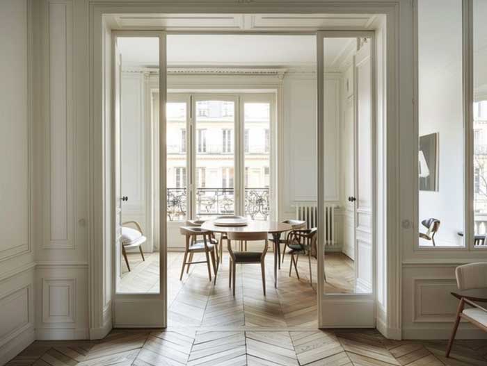 Heller Wohnraum mit französischen Flügeltüren und Fischgrätparkett – elegante Hausbau Inneneinrichtung im modernen Pariser Stil.