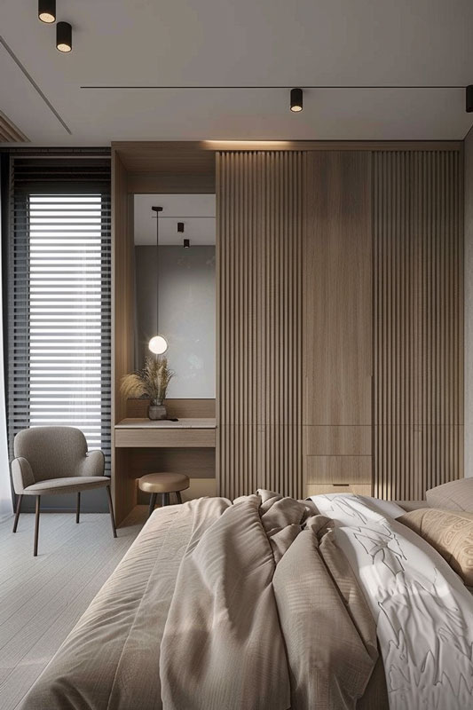 u7811531876_httpss.mj.runxpCyu7vcnTM_modern_calm_bedroom_inte_4d8ff382-c53f-46fa-88d2-7bfc8d277ca4_0 schlafzimmer mit schminktisch lamellen tür