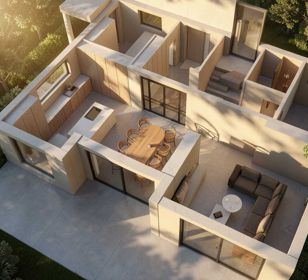 **Alt-Text:**
`Grundriss 3D-Vogelperspektive – gebrochener Grundriss mit klar getrennten Wohn- und Essbereichen, Holzdetails und Terrassenzugang, Grundrissplanung hoate Freiburg