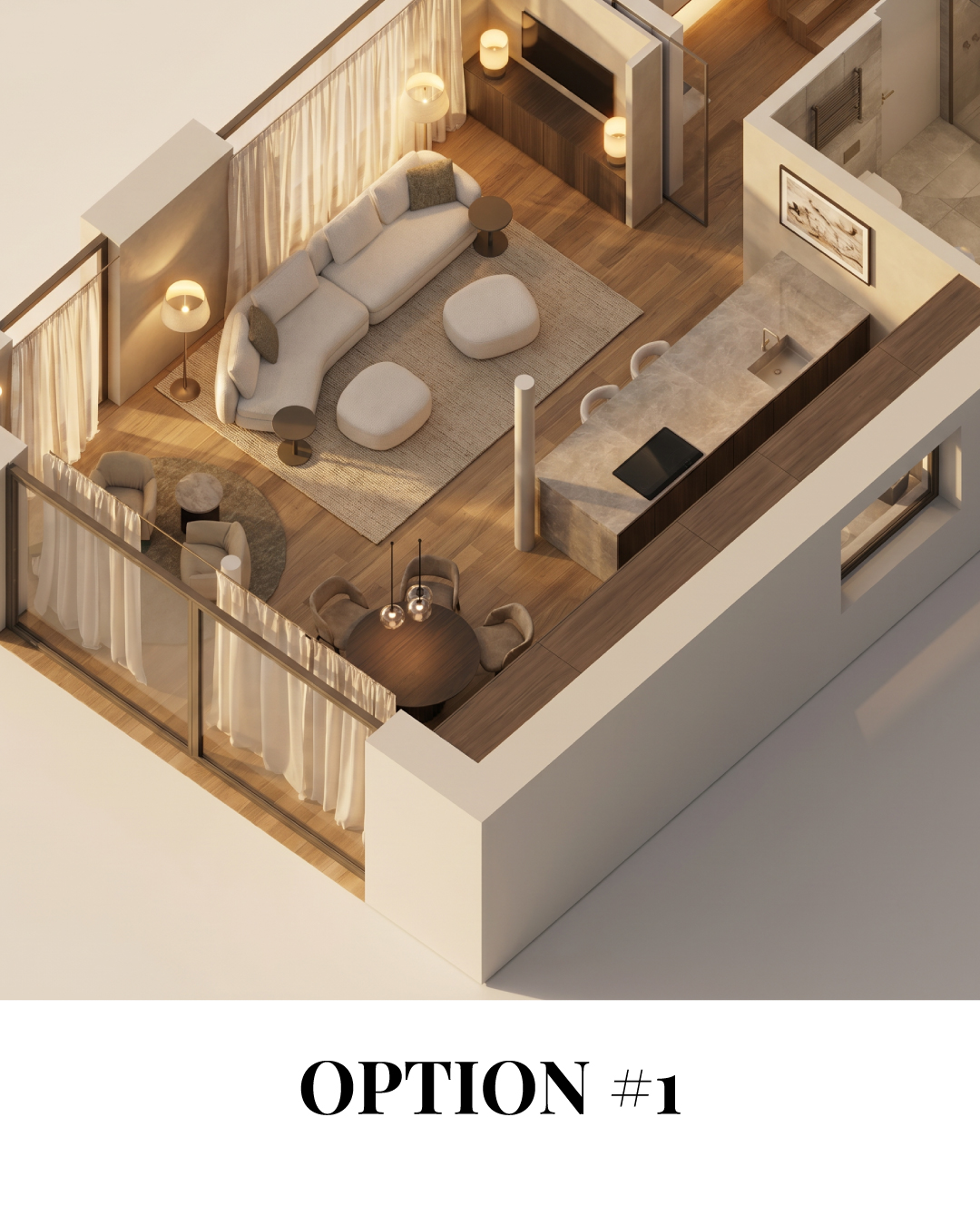 Grundriss Vogelperspektive Option 1 – offener Wohn-Essbereich mit Kücheninsel, warmer Beleuchtung und organischer Möblierung, Grundrissplanung hoate Freiburg