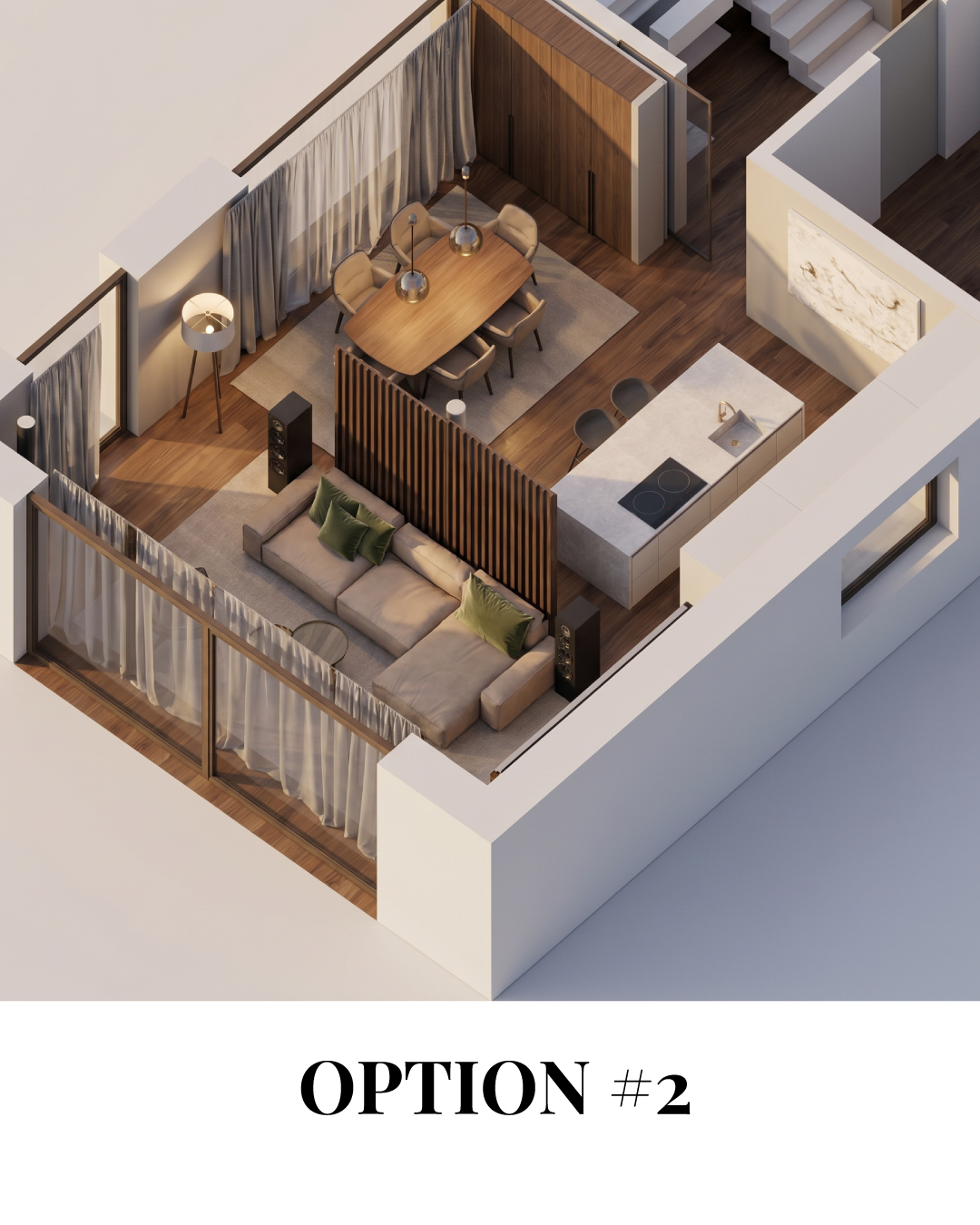 Grundriss Vogelperspektive Option 2 – gebrochener Grundriss mit Lamellenraumteiler zwischen Wohn- und Essbereich, Marmorinsel und Holzdetails, Grundrissplanung hoate Freiburg