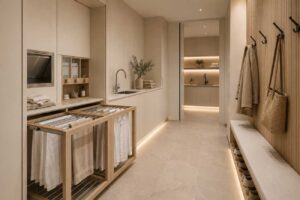 Technikraum planen – moderner Hauswirtschaftsraum mit Travertin und indirektem Licht