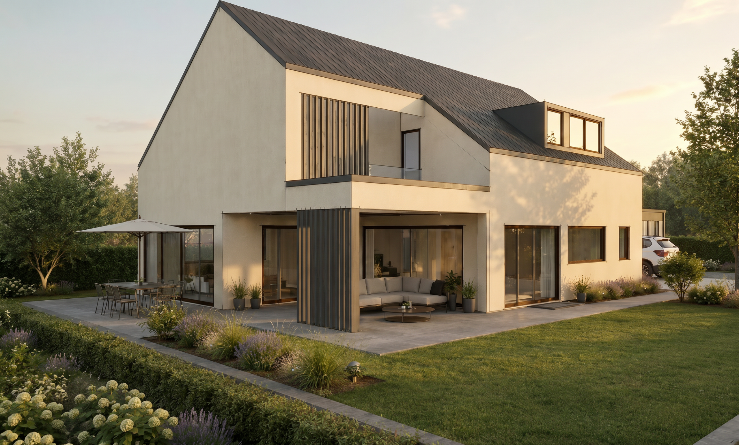 Rendering einer modernen Hausfassade mit Terrasse, Balkon und verbindenden Lamellen
