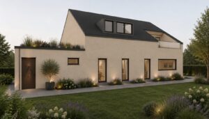 Moderner Fertighaus-Entwurf mit klar gegliederter Fassade als Beispiel für eine grundrissgerechte Planung.