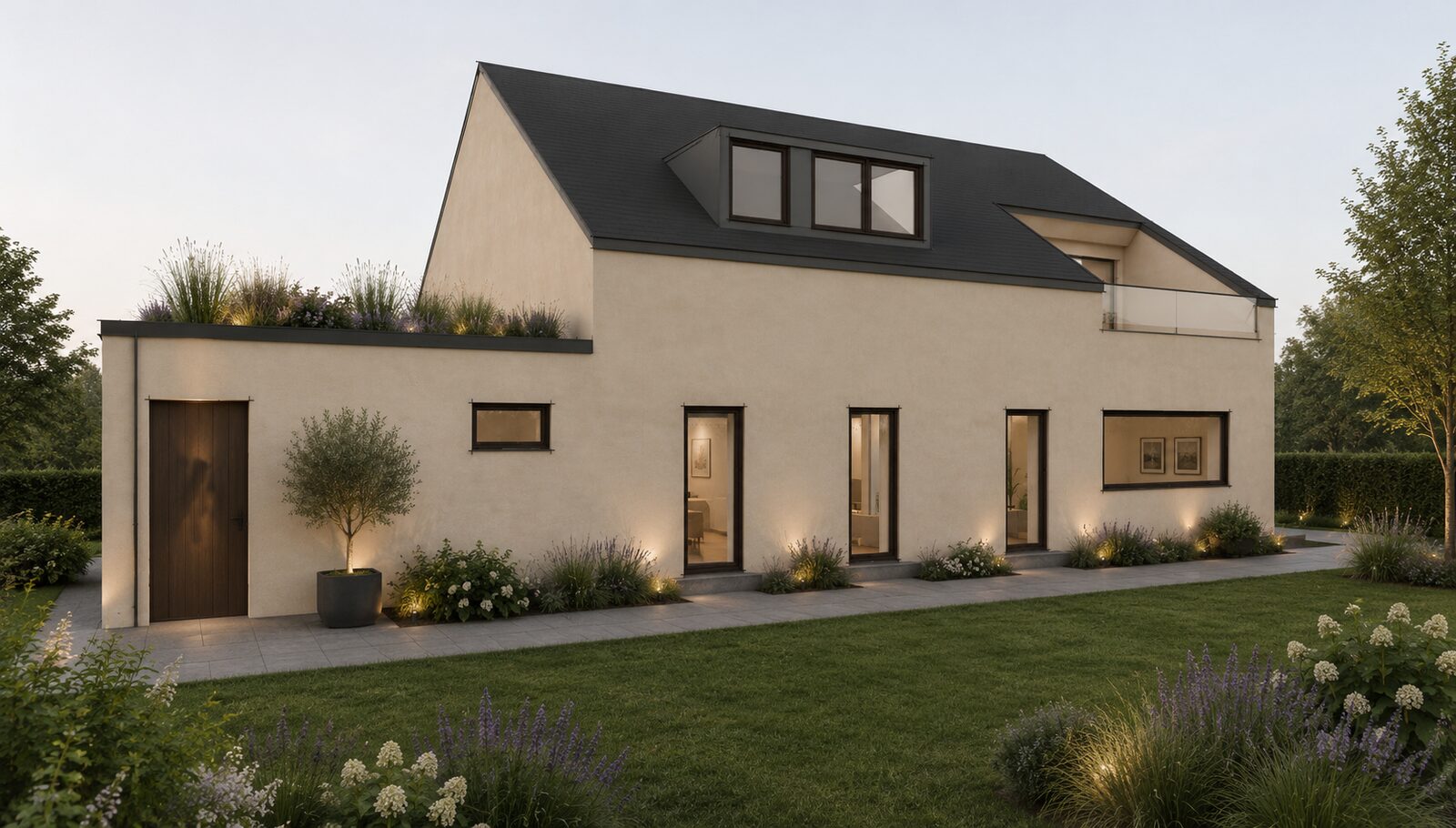 Moderner Fertighaus-Entwurf mit klar gegliederter Fassade als Beispiel für eine grundrissgerechte Planung.