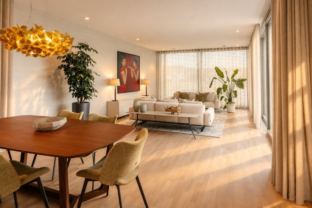 Wohn- und Essbereich mit Esstisch, Sofas und Kunstwand im Nachmittagslicht